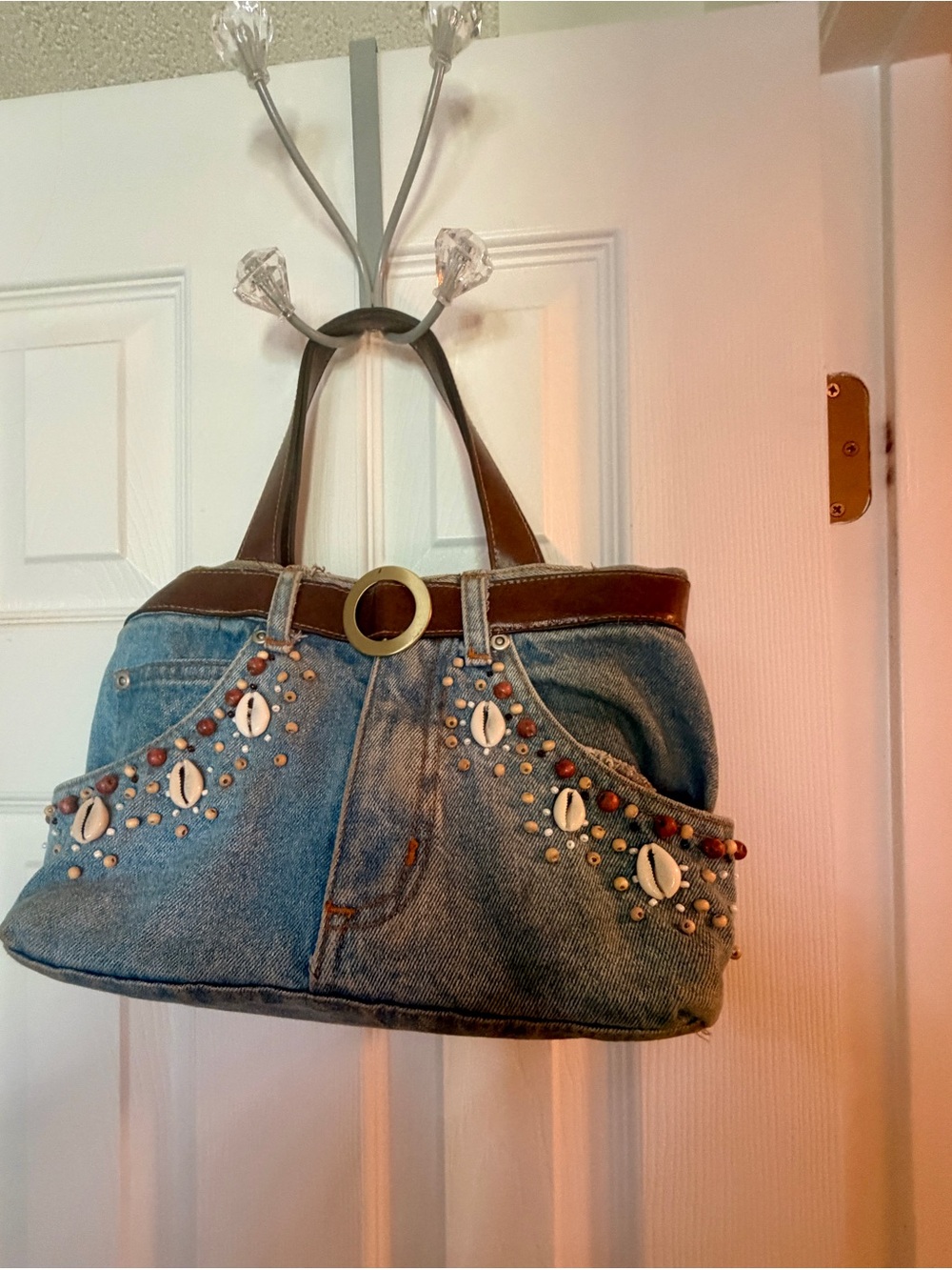 Denim Embellished Shoulder Bag with Brown Trim